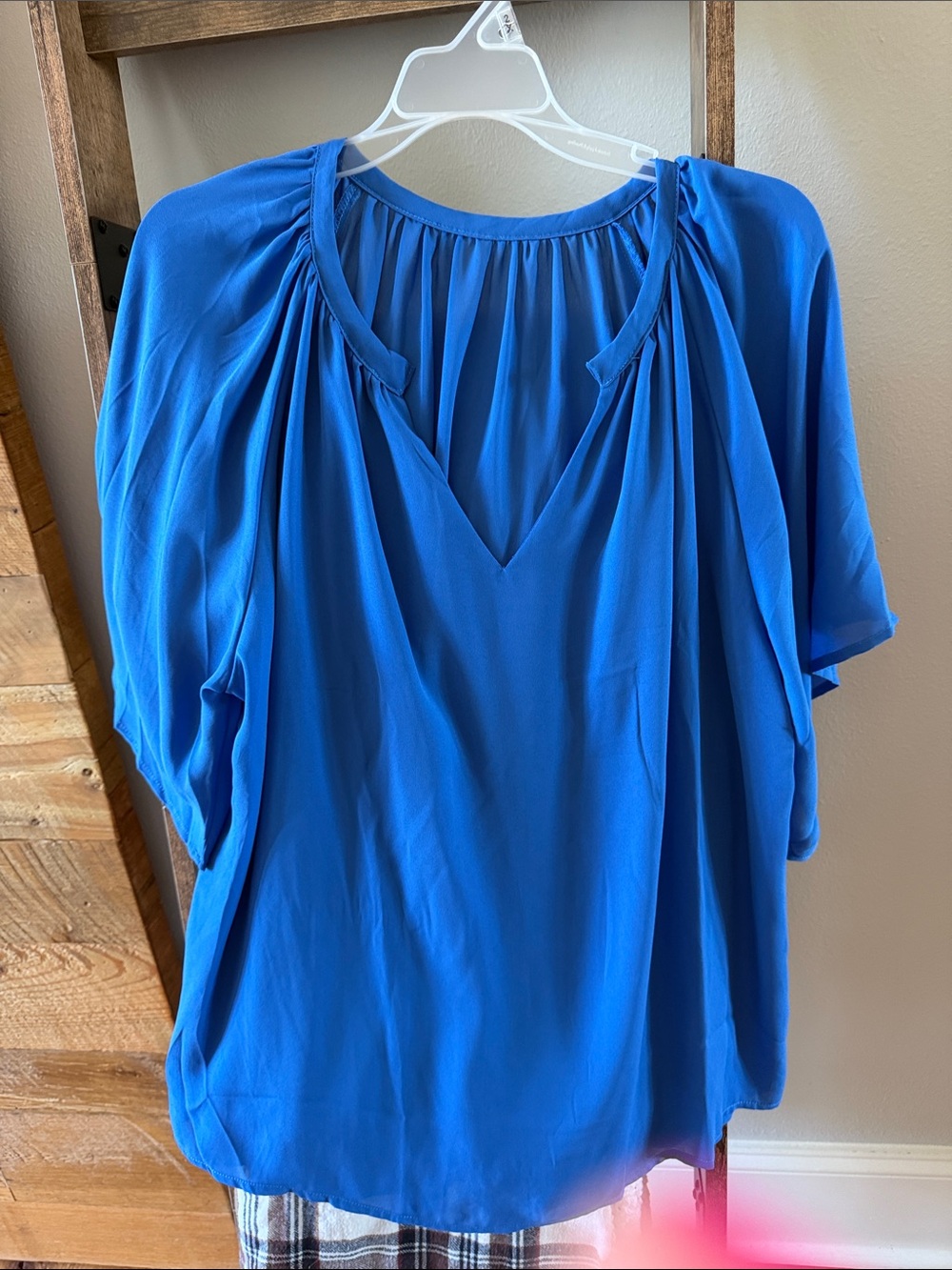 Flowy Royal Blue V-Neck Pleated Women's Blouse